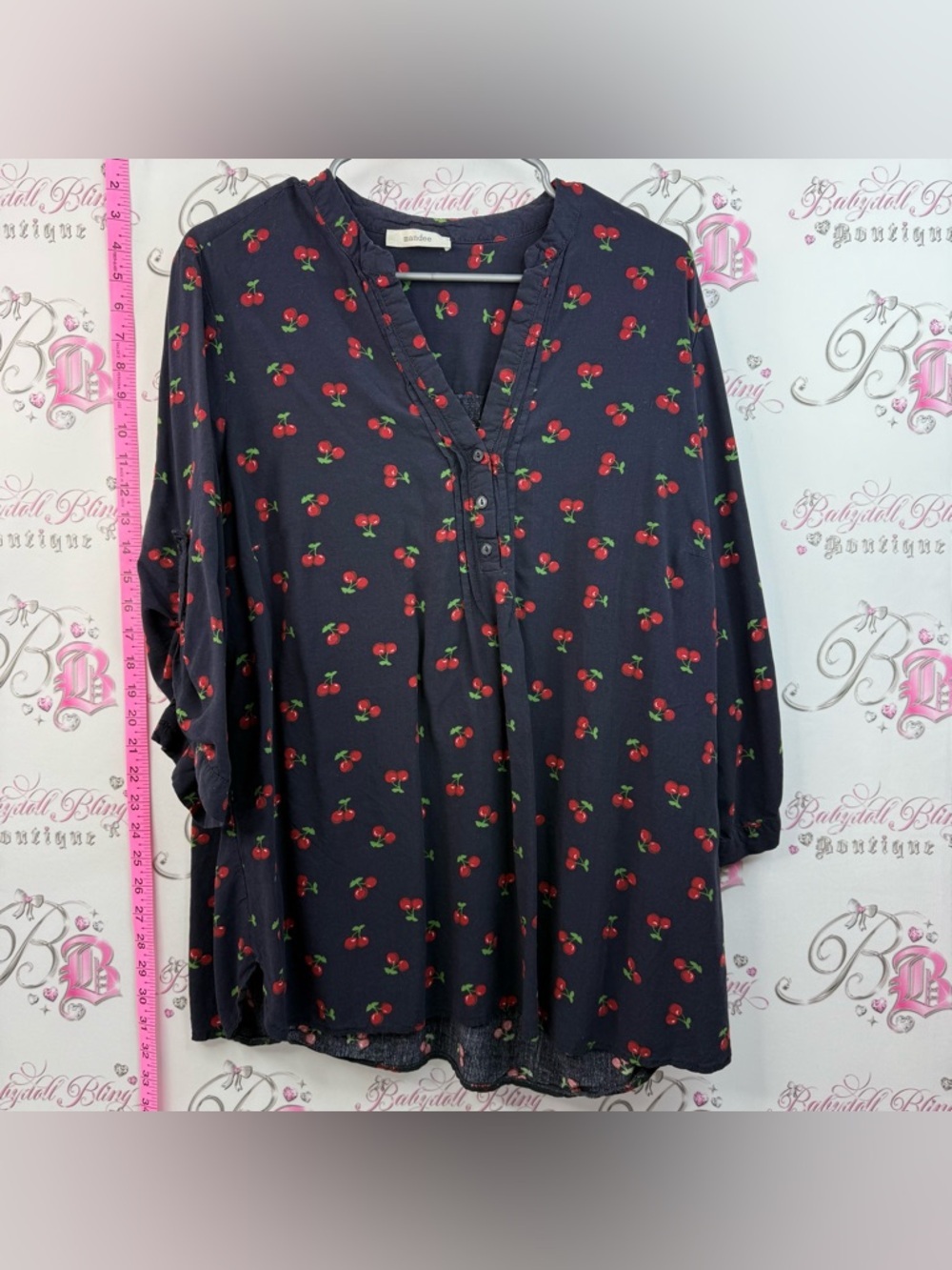 mandee blouse cherries 🍒 printed flowy shirt Navy Blouse with Red Cherry Print - Picture 3 of 11